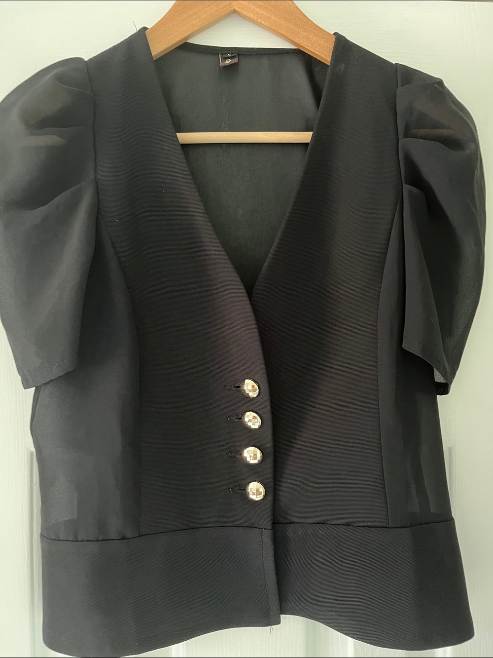 Black Structure Button Front Top with Sheer detailing and gold buttons